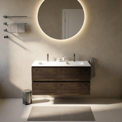 Saniclass Holz Pure Ensemble meuble de salle de bains - 120x45x61.5cm - Vasque Flow en solid surface blanc - 2 vasques - 2 trous de robinetterie - 4 tiroirs - chêne charcoal mat (bois)