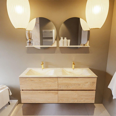 Mondiaz VICA-DLUX ensemble de meuble de salle de bain - 130cm - meuble sous-vasque chêne blanchi - 4 tiroirs - lavabo encastré cloud double - 2 trous de robinet - miroir modèle spot - version XL 60cm de haut - ostra