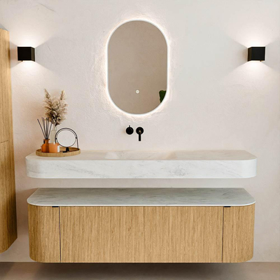 MONDIAZ THOR-DLUX 160cm badmeubel ronding links + rechts kleur Oak met 1 lade en 2 deuren. Vrijhangende wastafel CLOUD Midden zonder kraangat kleur Opalo.