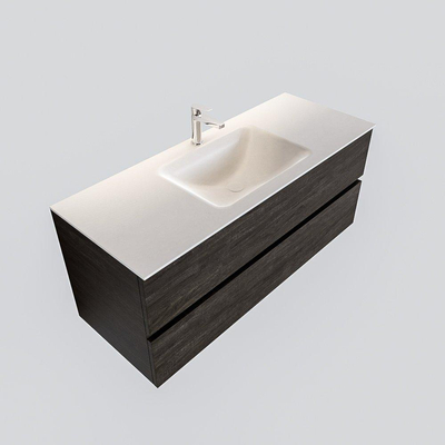 MONDIAZ VICA Ensemble de meuble salle de bain - 120cm - 2 tiroirs - lavabo Cloud au centre - 1 trou de robinet - solid surface marron foncé