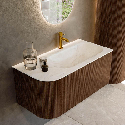 MONDIAZ KURVE-DLUX 95cm badmeubel met module 25 L kleur Walnut met 1 lade en 1 deur. Wastafel BIG SMALL rechts 1 kraangat kleur Ostra.