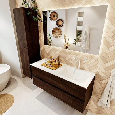 Mondiaz VICA ensemble de meuble de salle de bain - 120cm - meuble sous-vasque marron foncé - 2 tiroirs - lavabo cloud droite - 1 trou de robinet - couleur talc - miroir LED - version XL 60cm de haut