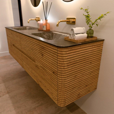 Mondiaz CIRO-DLUX Ensemble de meubles de salle de bains - 180x45x50cm - vasque en solid surface Lava - 2 bassins double - sans trous de robinet - 4 tiroirs - Chêne