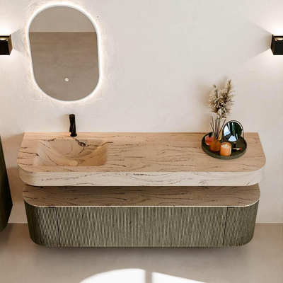 MONDIAZ THOR-DLUX 170cm meuble de salle de bains arrondi gauche + droite couleur Shadow avec 1 tiroir et 2 portes. Vasque suspendue CLOUD Gauche 1 trou de robinet couleur Arena.