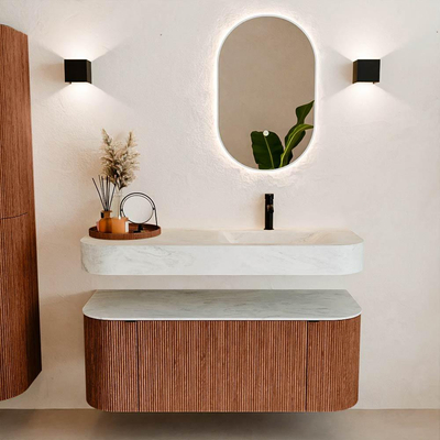 MONDIAZ THOR-DLUX 120cm meuble de salle de bains arrondi gauche + droite couleur Ruby avec 1 tiroir et 2 portes. Vasque suspendue CLOUD Droite 1 trou de robinet couleur Opalo.