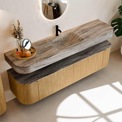 MONDIAZ THOR-DLUX 180cm badmeubel ronding links + rechts kleur Oak met 2 lades en 2 deuren. Vrijhangende wastafel CLOUD Midden 1 kraangat kleur Oza.