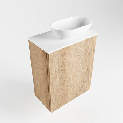 Mondiaz fowy meuble toilette 40x50x23cm chêne lavé mat 1 trou pour robinetterie évier : droit 1 porte solid surface avec plan mélamine couleur évier : blanc