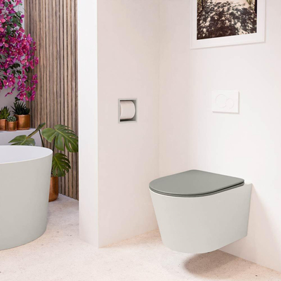 Mondiaz LAVIE hangtoilet – spoelrandloos – 36 x 53 cm – met softclose zitting – Linen (offwhite), zitting Smoke (lichtbruin)
