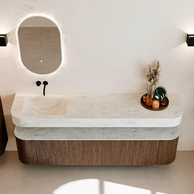 MONDIAZ THOR-DLUX Meuble de salle de bains - 190cm - arrondi gauche + droite - couleur Walnut - 2 tiroirs et 2 portes - Vasque suspendue CLOUD Gauche sans trou de robinet - couleur Opalo