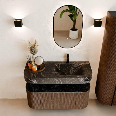 MONDIAZ THOR-DLUX Meuble de salle de bains 110cm arrondi gauche + droite couleur Walnut avec 1 tiroir et 2 portes. Vasque suspendue CLOUD Droite 1 trou de robinet couleur Lava.