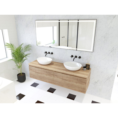 H&R Badmeubelen Matrix 3D badkamermeubelset 160cm 2 laden greeploos met greeplijst in kleur French oak met bovenblad french oak