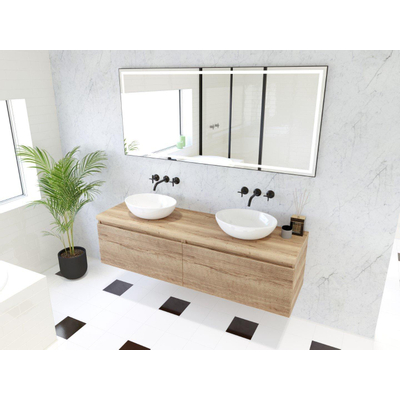 HR Matrix ensemble meuble de salle de bain 3d 160cm 2 tiroirs sans poignée avec poignée bandeau coloris chêne français avec dessus chêne français
