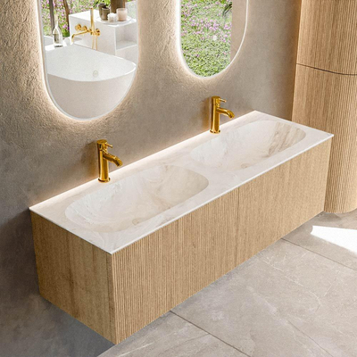 MONDIAZ KURVE-DLUX Meuble de salle de bains 140 cm couleur Oak avec 2 tiroirs. Lavabo STOR SMALL double 2 trous de robinet couleur Frappe.