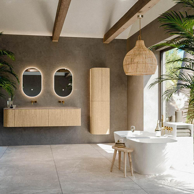 MONDIAZ KURVE-DLUX Meuble de salle de bains 175cm arrondi à gauche couleur Chêne avec 2 tiroirs et 1 porte. Lavabo STOR SMALL Double / Droite sans trou de robinet Saba.