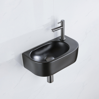 QeramiQ Fuente Ensemble de lave-mains - 40x21.5x12cm - droit - lisse - demi-rond - 1 trou de robinet - céramique - robinet de lave-mains gunmetal - bouchon de vidange - siphon abaissé - noir mat
