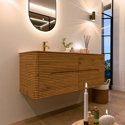 Mondiaz CIRO-DLUX Badkamermeubelset - 130x45x50cm - Solid surface wastafel Saba - 1 wasbak Links - 1 kraangat - 4 lades - Oak