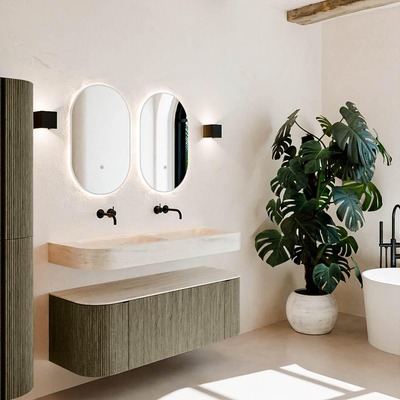 MONDIAZ THOR-DLUX 130cm meuble de salle de bains arrondi gauche + droite couleur Shadow avec 1 tiroir et 2 portes. Vasque suspendue CLOUD Double sans trou de robinet couleur Meli.