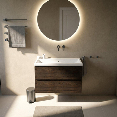 Saniclass Holz Pure Ensemble meuble de salle de bains - 100x45x63.5cm - lavabo Bari en céramique blanc - 1 vasque - sans trou de robinet - 2 tiroirs - chêne charcoal mat (bois)