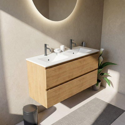Saniclass Holz Pure Ensemble meuble de salle de bains - 120x45x62cm - Lavabo Vygo en céramique blanc - 2 vasques - 2 trous de robinetterie - 4 tiroirs - chêne natural mat (bois)
