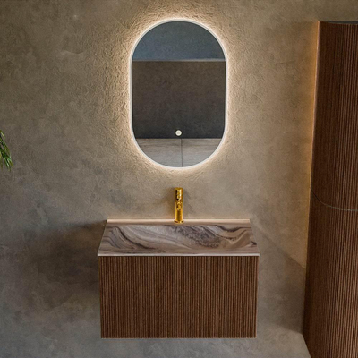 MONDIAZ KURVE-DLUX 70cm badmeubel kleur Walnut met 1 lade en 0 deuren. Wastafel BIG SMALL Midden 1 kraangat Sombra.