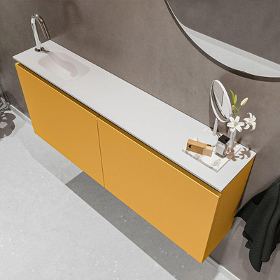 MONDIAZ TURE Toiletmeubel 120x23x50cm met 1 kraangaten 2 deuren ocher mat Wastafel Eden links Solid Surface Wit