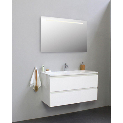 Basic Bella Badkamermeubelset - 100x55x46cm - 1 wasbak - Acryl - Wit - 1 kraangat - Wandspiegel met verlichting - Spaanplaat Wit hoogglans