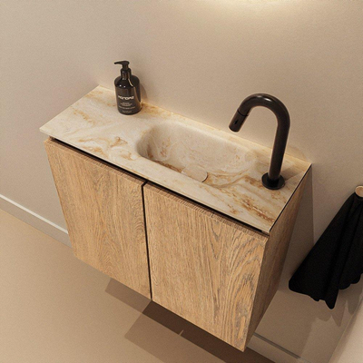 MONDIAZ TURE-DLUX 60cm toiletmeubel Washed Oak. EDEN wastafel Frappe positie rechts. Met 1 kraangat.