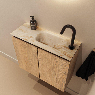 MONDIAZ TURE-DLUX Meuble de WC 60 cm Washed Oak. EDEN lavabo Frappe position à droite. Avec 1 trou de robinet.