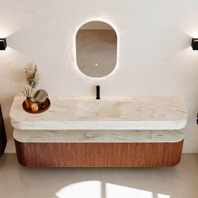 MONDIAZ THOR-DLUX 200cm meuble de salle de bains arrondi gauche + droite couleur Ruby avec 2 tiroirs et 2 portes. Vasque suspendue CLOUD Milieu 1 trou de robinet couleur Ostra.