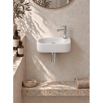 QeramiQ Fuente fonteinset – halfrond – 40x21.5x12 cm – keramiek wit mat – kraangat rechts – chromen kraan