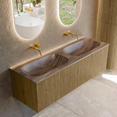 MONDIAZ KURVE-DLUX Meuble de salle de bains 140 cm couleur Dusk avec 2 tiroirs et 0 portes. Plan-vasque STOR SMALL Double sans trou de robinet Oza.