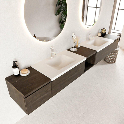 MONDIAZ BUKLA 280cm badmeubel met open module 40 midden kleur Dark Brown met 4 lades. Wastafel CLOUD dubbel 2 kraangaten kleur Talc.