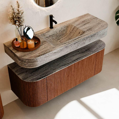 MONDIAZ THOR-DLUX 130cm meuble de salle de bains arrondi gauche + droite couleur Ruby avec 1 tiroir et 2 portes. Vasque suspendue CLOUD Milieu 1 trou de robinet couleur Oza.