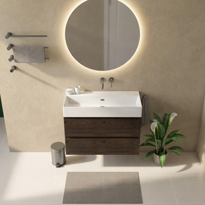 Saniclass Holz Pure Ensemble de meubles de salle de bains - 100x45x72cm - Legend lavabo en céramique blanc - 1 vasque - sans trou de robinet - 2 tiroirs - chêne charcoal mat (bois)