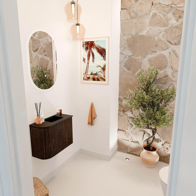 Mondiaz JOYA 51.6cm meuble de toilette - arrondi gauche couleur Walnut - Vasque FAYE position Droite 1 trou de robinet couleur Urban.