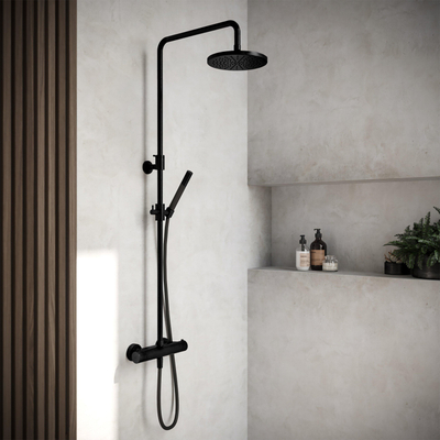 Hotbath Cobber thermostatische regendoucheset met 20cm ronde hoofddouche staafhanddouche mat zwart beschadigd OUTLETSTORE