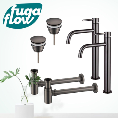 FugaFlow Eccelente Sobrado Badkamer Slim Wastafelkraanset - voor dubbele wastafel - verhoogde wastafelkraan - klikwaste plug - verlaagde design sifon - PVD Gepolijst Gunmetal