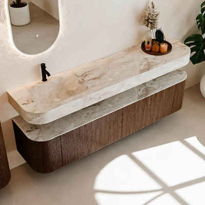 MONDIAZ THOR-DLUX 190cm meuble de salle de bains arrondi gauche + droite couleur Walnut avec 2 tiroirs et 2 portes. Vasque suspendue CLOUD Gauche 1 trou de robinet couleur Frappe.