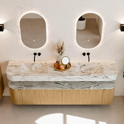 MONDIAZ THOR-DLUX Meuble de salle de bains - 200cm - arrondi gauche + droite - couleur Oak - 2 tiroirs et 2 portes - Vasque suspendue CLOUD Double sans trou de robinet - couleur Glace