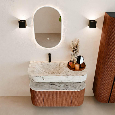 MONDIAZ THOR-DLUX 100cm meuble de salle de bains arrondi gauche + droite couleur Ruby avec 1 tiroir et 2 portes. Vasque suspendue CLOUD Gauche 1 trou de robinet couleur Glace.