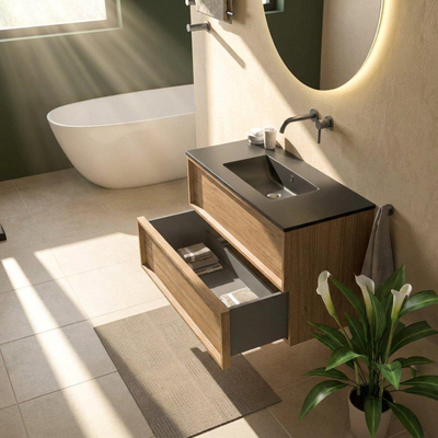 Saniclass Holz Frame Ensemble meuble de salle de bains - 100x45x62cm - Lavabo Vygo en céramique noir - 1 vasque - sans trou de robinetterie - 2 tiroirs - chêne natural mat (bois)