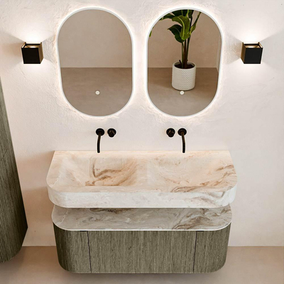 MONDIAZ THOR-DLUX Meuble de salle de bains 120cm arrondi gauche + droite couleur Shadow avec 1 tiroir et 2 portes. Vasque suspendue CLOUD Double sans trou de robinet couleur Frappe.