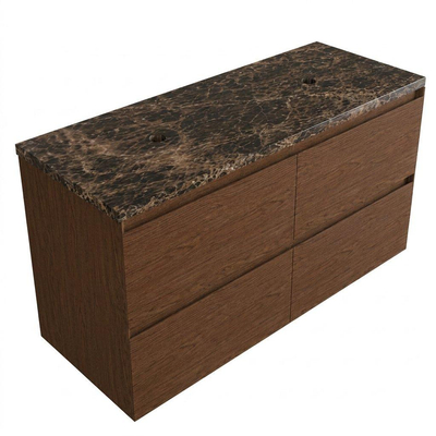 Saniclass Holz Pure Ensemble de meubles de salle de bains - 120x45x63cm - Plan de toilette en pierre naturelle Noche dark emperador - sans trou de robinet - 4 tiroirs - mat walnut pure (bois)