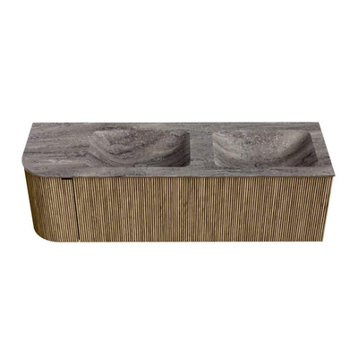 MONDIAZ KURVE-DLUX 145cm badmeubel ronding Links kleur Dusk met 1 lade en 1 deur. Wastafel LEAF Dubbel / Rechts zonder kraangat Oza.