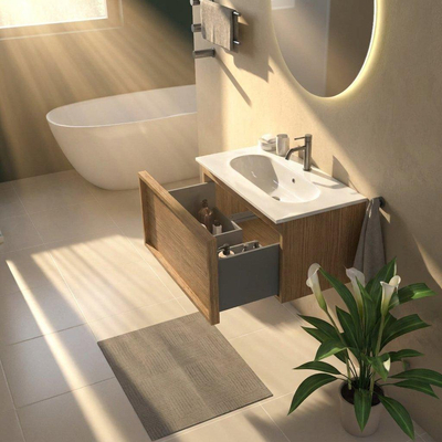 Saniclass Holz Frame Ensemble de meubles de salle de bains - 80x45x53.9cm - lavabo en céramique Chaci blanc - 1 vasque - 1 trou de robinetterie - 1 tiroir - chêne natural mat (bois)