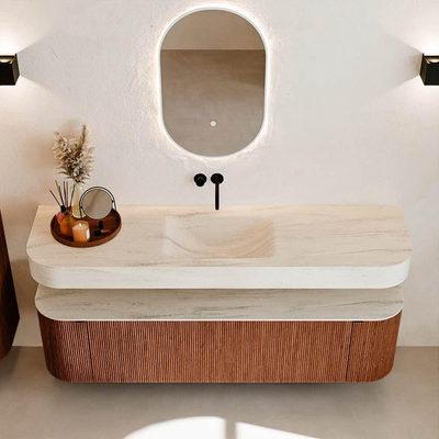 MONDIAZ THOR-DLUX 170cm meuble de salle de bains arrondi gauche + droite couleur Ruby avec 1 tiroir et 2 portes. Vasque suspendue CLOUD Centre sans trou de robinet couleur Meli.