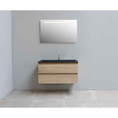 Basic Bella Meuble salle de bains avec lavabo acrylique Noir 100x55x46cm 1 trou de robinet avec miroir et éclairage Chêne