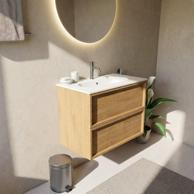 Saniclass Holz Frame Ensemble meuble de salle de bains - 80x45x73.9cm - Lavabo en céramique Chaci blanc - 1 vasque - 1 trou de robinet - 2 tiroirs - chêne natural mat (bois)