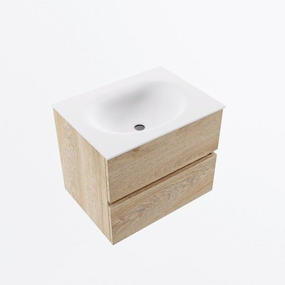 MONDIAZ VICA meuble sous lavabo 60cm Chêne blanchi 2 tiroirs. Lavabo MOON central sans trou de robinet, couleur Talc.