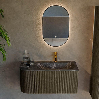 Mondiaz KURVE-DLUX Ensemble de meuble - 95x46x40cm - 1 tiroir - 1 porte - lavabo en solid surface - droite - 1 trou de robinet - Shadow